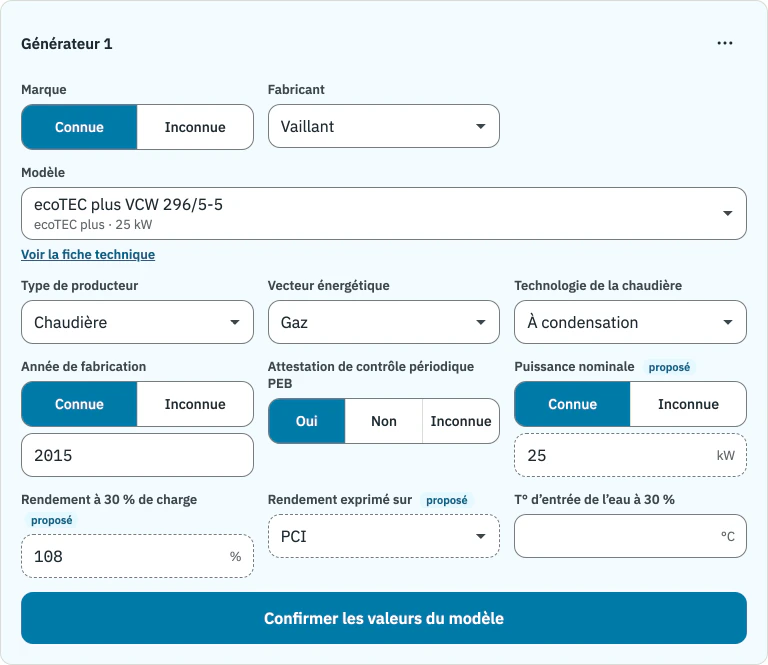 Générateur de chaleur dans CertiQuick : chaudière Vaillant du catalogue et valeurs proposées par le modèle