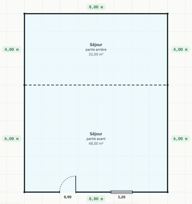 Plan du rez-de-chaussée dans CertiQuick : cotes, découpe en partie avant et arrière, surfaces, porte et fenêtre