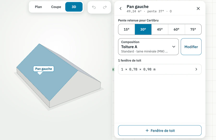 Toiture en 3D dans CertiQuick, pan gauche sélectionné : pente retenue, composition et fenêtre de toit
