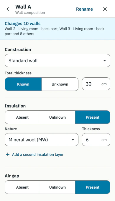 Wall composition in CertiQuick: construction, thickness, insulation and air gap