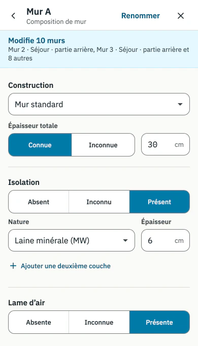 Composition d’un mur dans CertiQuick : construction, épaisseur, isolation et lame d’air