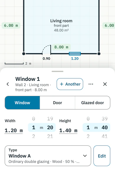 Window sheet in CertiQuick: width and height on the wheels, window type